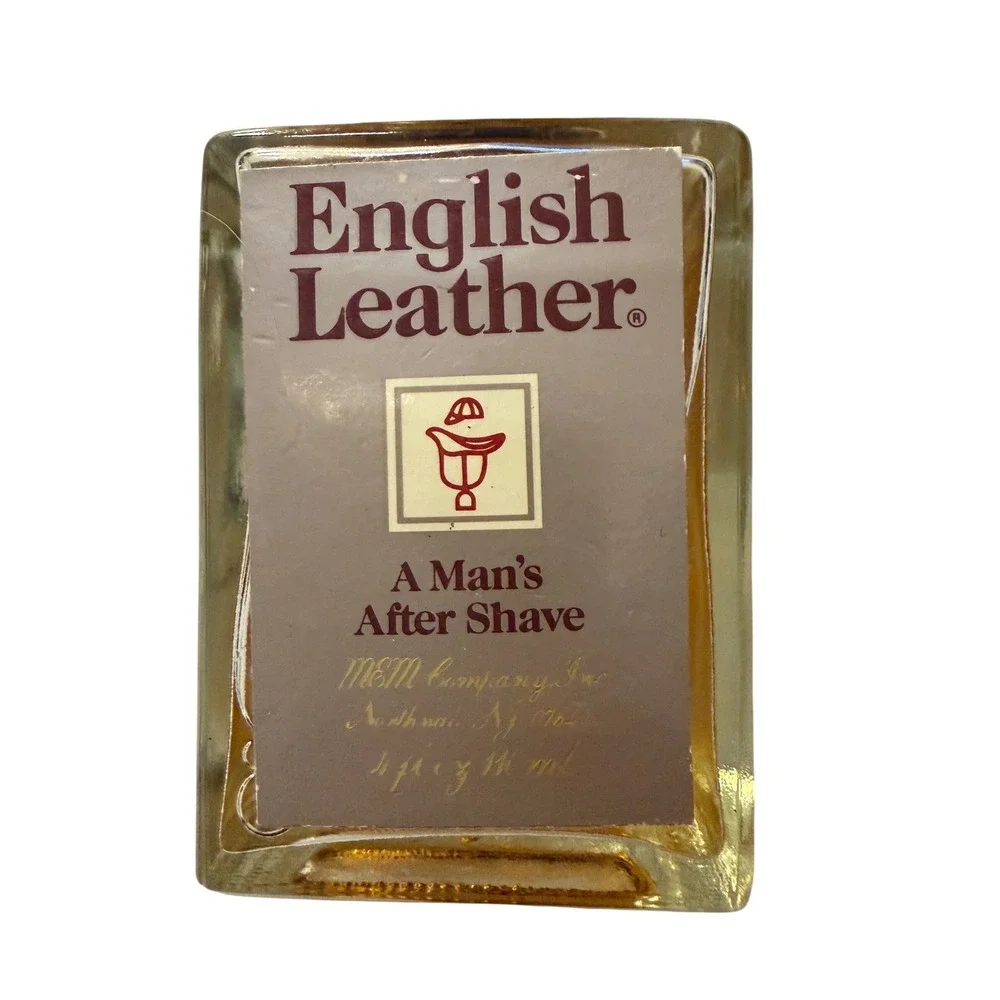 Vintage English Leather After Shave 4oz MEM Company Glass Bottle Wood Cap Splash